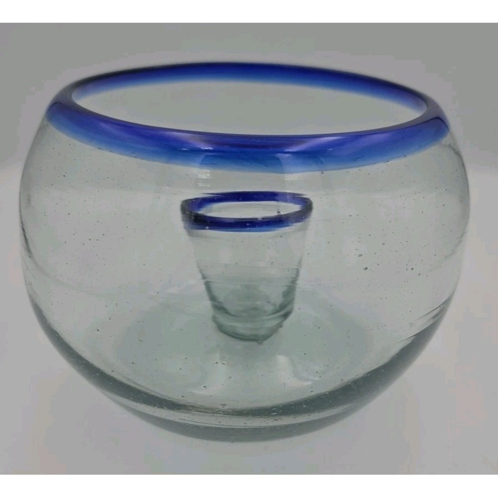 Vintage Mexican Hand Blown Glass Hurricane Candle Holder Cobalt Blue Rim 6.5in